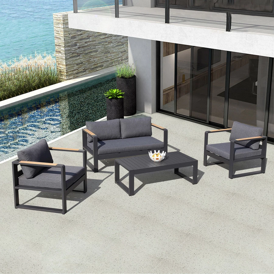 Toulon Loungeset Dark Grey Aluminium Frame Met Teak Armleggers - Afbeelding 2