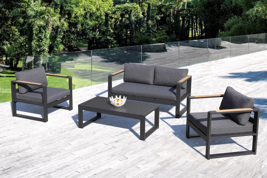 Toulon Loungeset Dark Grey Aluminium Frame Met Teak Armleggers - Afbeelding 3