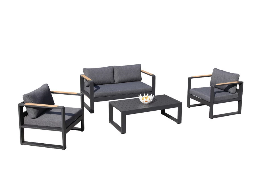 Toulon Loungeset Dark Grey Aluminium Frame Met Teak Armleggers